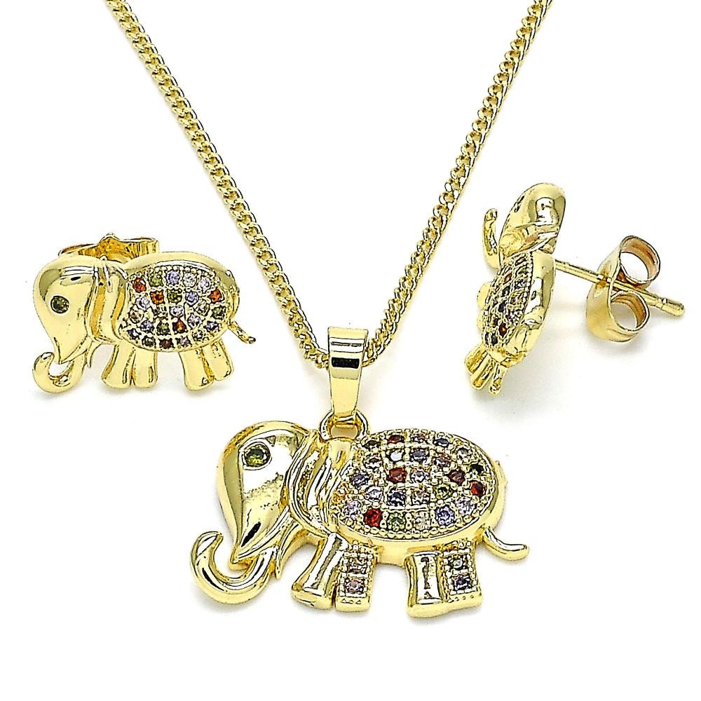 Gold Filled Earring and Pendant Set Elephant Design With Multicolor Micro Pave Polished Finish Golden Tone