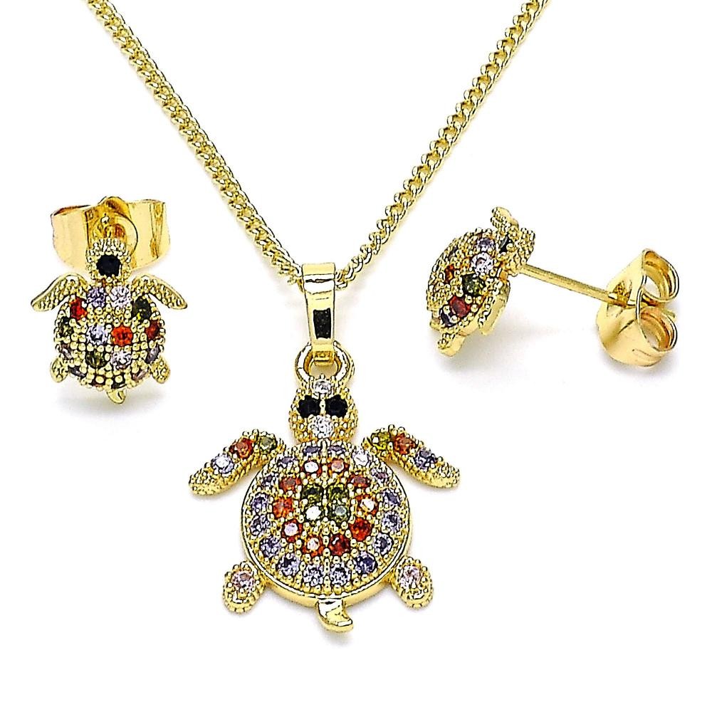 Gold Filled Earring and Pendant Adult Set Turtle Design With Multicolor Micro Pave Polished Finish Golden Tone