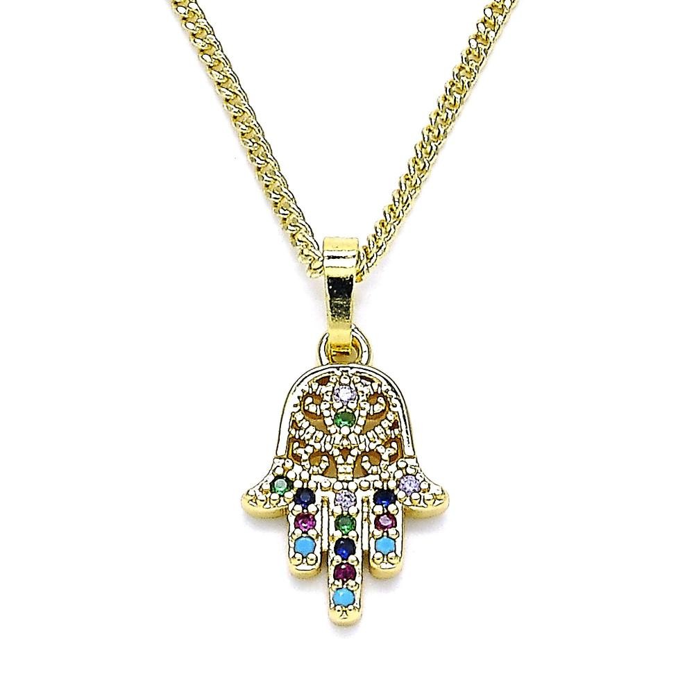 Gold Filled Pendant Necklace Hand of God Design With Multicolor Micro Pave Polished Finish Golden Tone