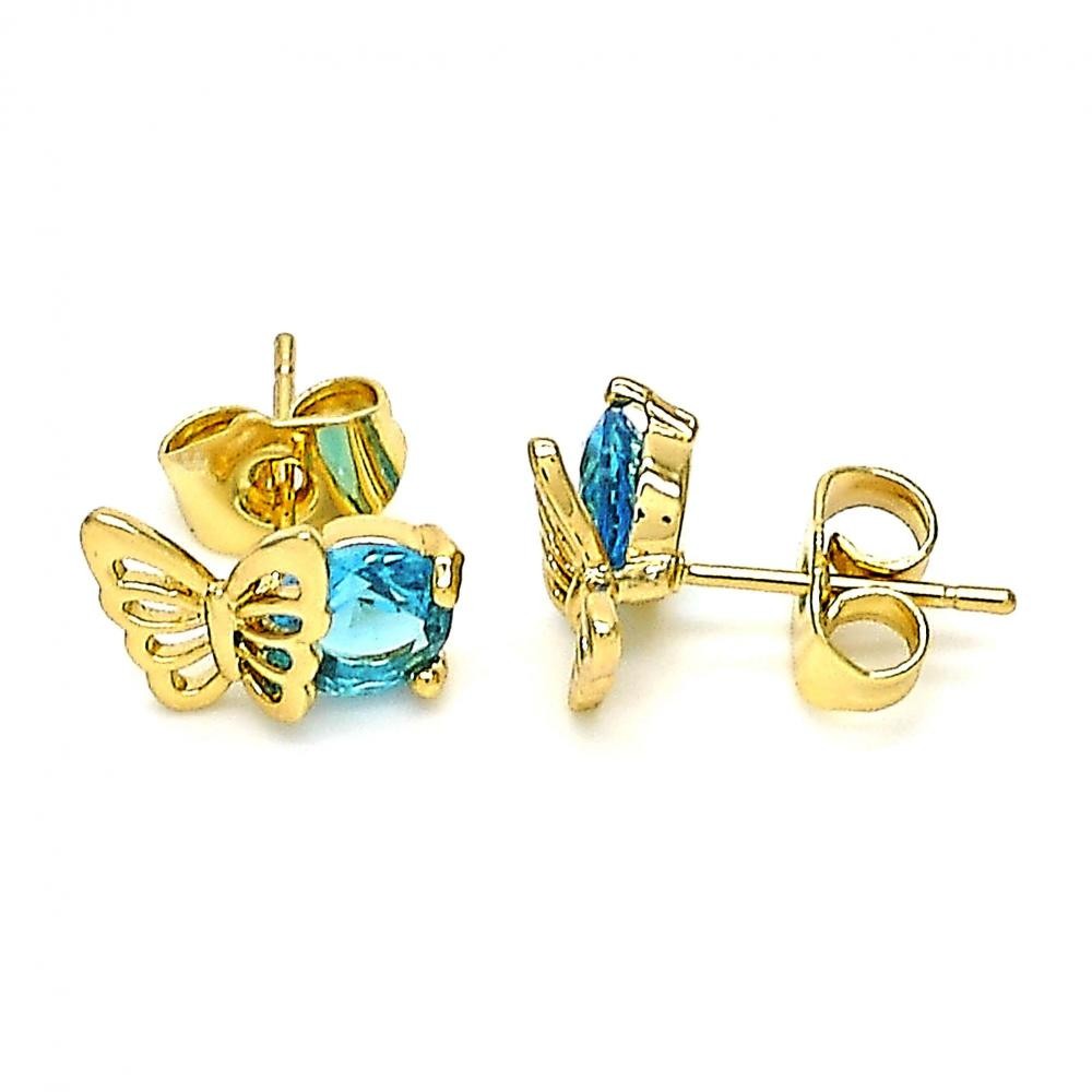 Gold Filled Stud Earrings Butterfly Design With Blue Topaz Cubic Zirconia Polished Finish Golden Tone