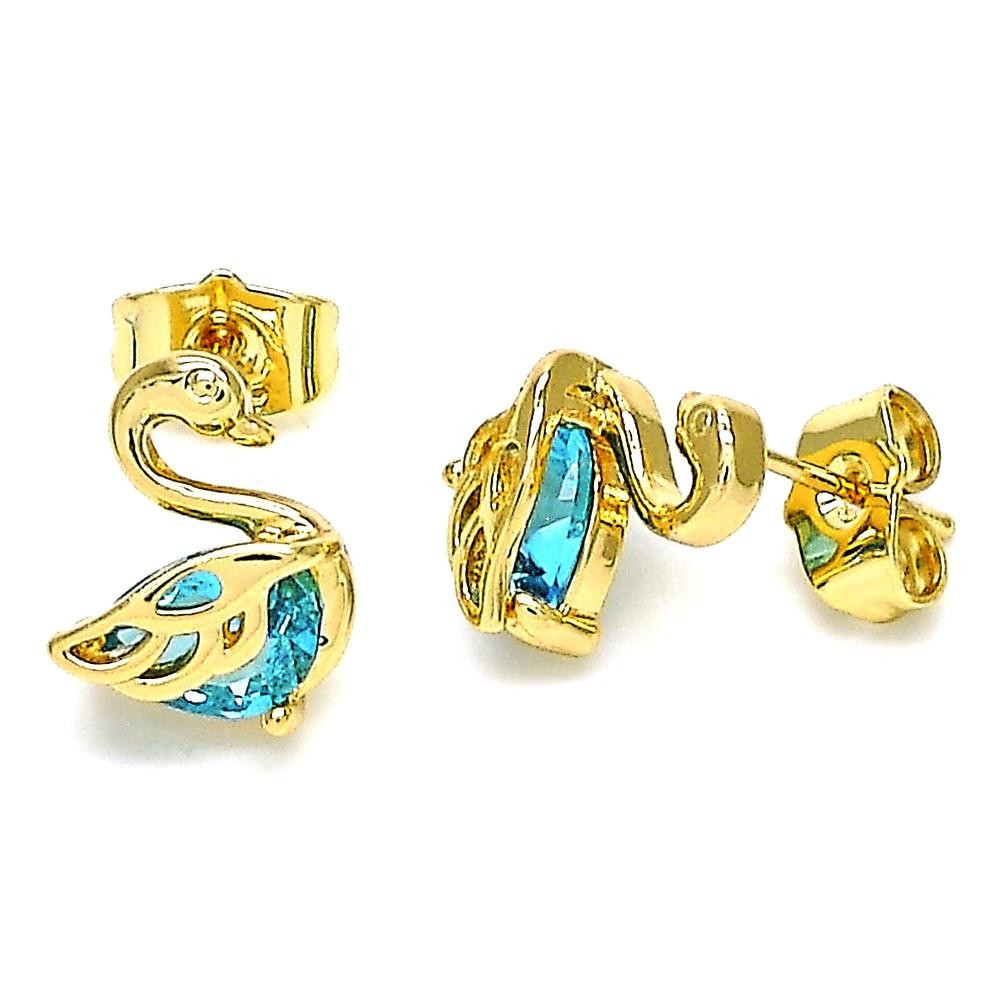 Gold Filled Stud Earrings Swan Design With Blue Topaz Cubic Zirconia Polished Finish Golden Tone