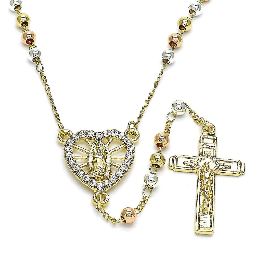 Gold Filled 2mm 20" Medium Rosary Guadalupe and Crucifix Design With White Crystal Polished Finish Tri Tone