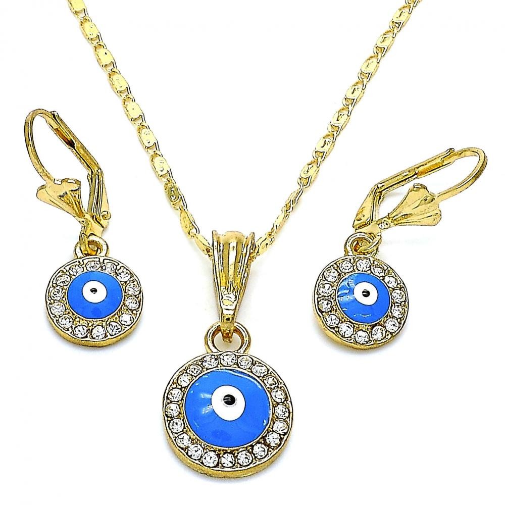 Gold Filled Earring and Pendant Set Greek Eye Design With White Crystal Enamel Finish Golden Tone