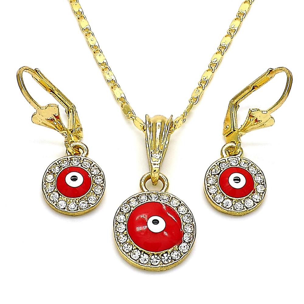 Gold Filled Earring and Pendant Set Greek Eye Design With White Crystal Red Enamel Finish Golden Tone