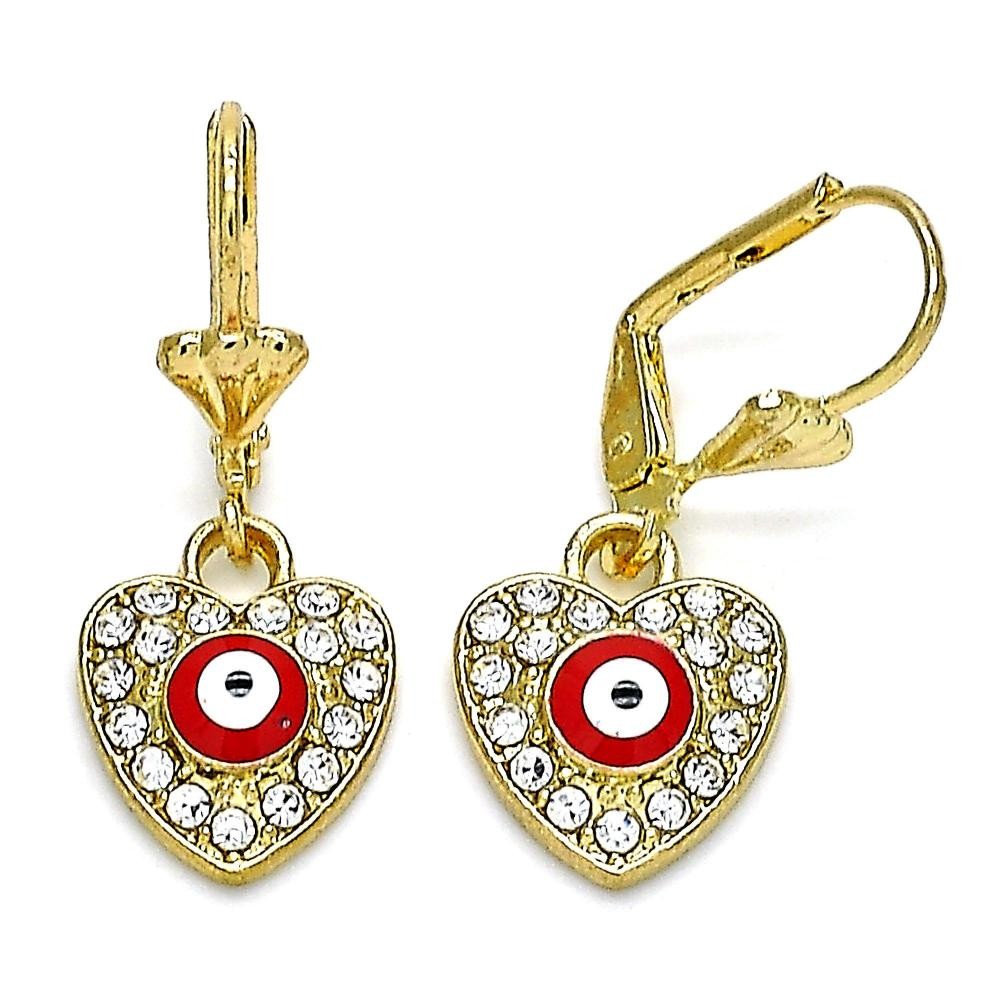 Gold Filled Dangle Earrings Greek Eye and Heart Design With White Crystal Red Enamel Finish Golden Tone