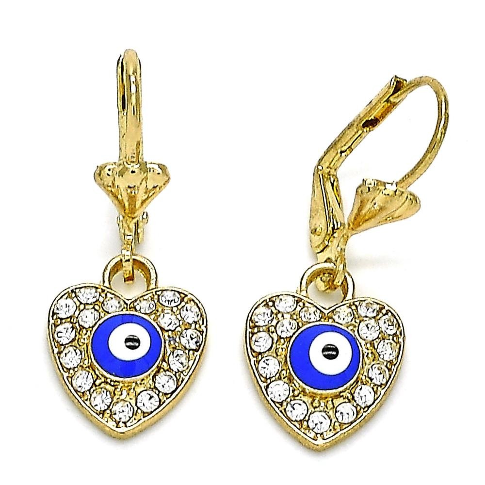 Gold Filled Dangle Earrings Greek Eye and Heart Design With White Crystal Blue Enamel Finish Golden Tone