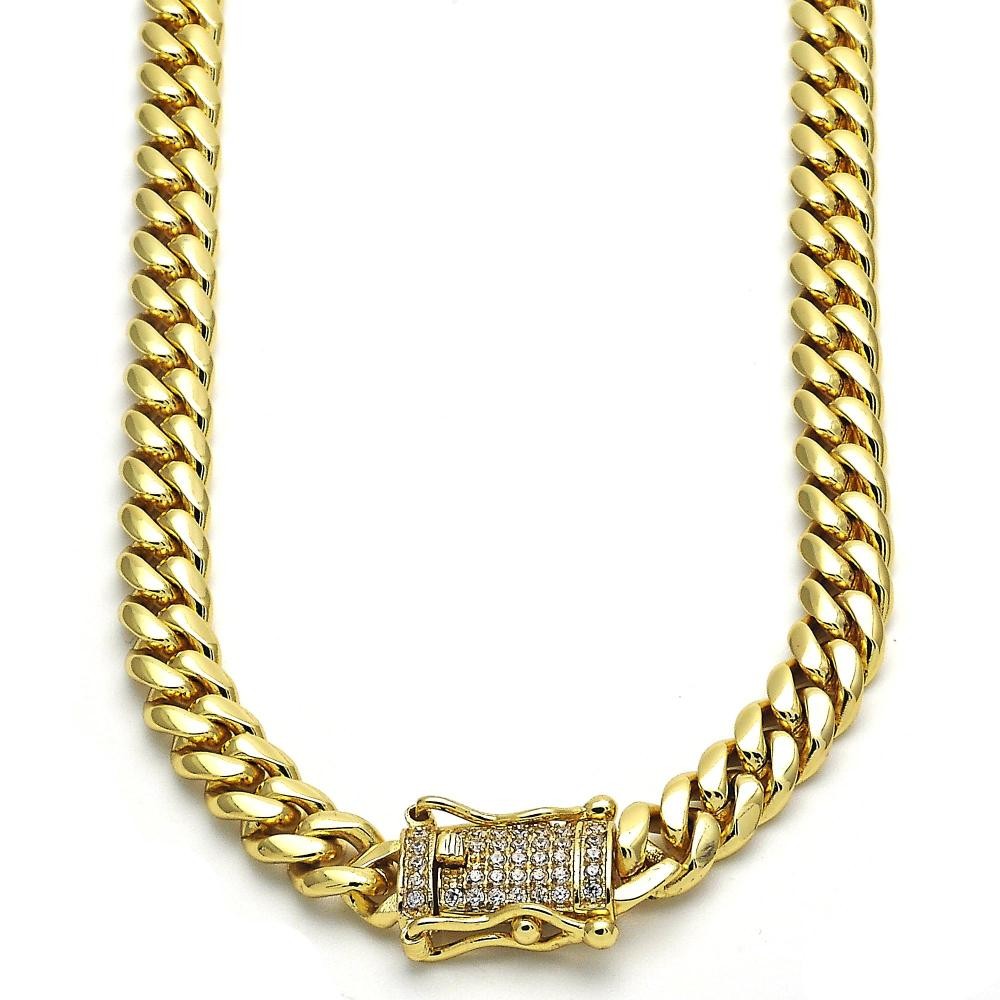 Gold Finish Basic Necklace Miami Cuban Design 24" with White Cubic Zirconia Polished Golden Tone