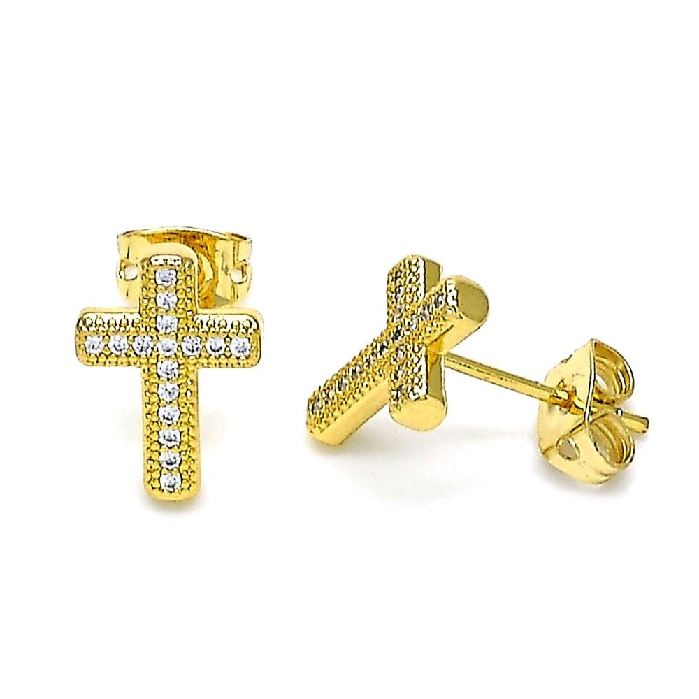 Gold Finish Stud Earring Cross Design with White Micro Pave Polished Golden Tone