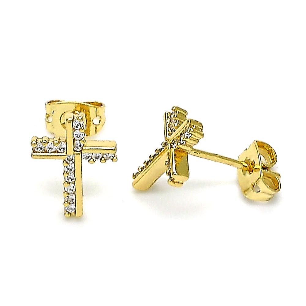 Gold Finish Stud Earrings Cross Design with White Micro Pave Polished Golden Tone
