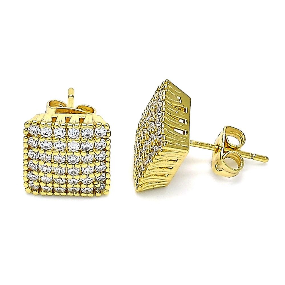 Gold Filled Stud Earring with White Micro Pave Polished Golden Tone