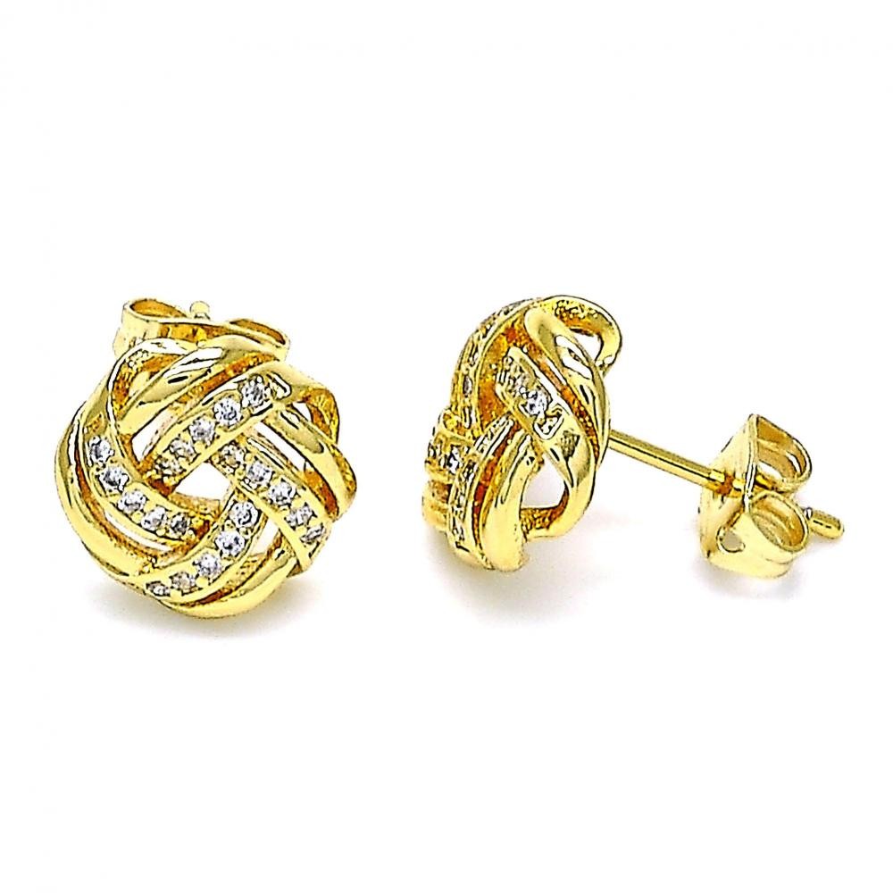 Gold Filled Love Knot Design Stud Earrings With White Micro Pave Polished Finish Golden Tone
