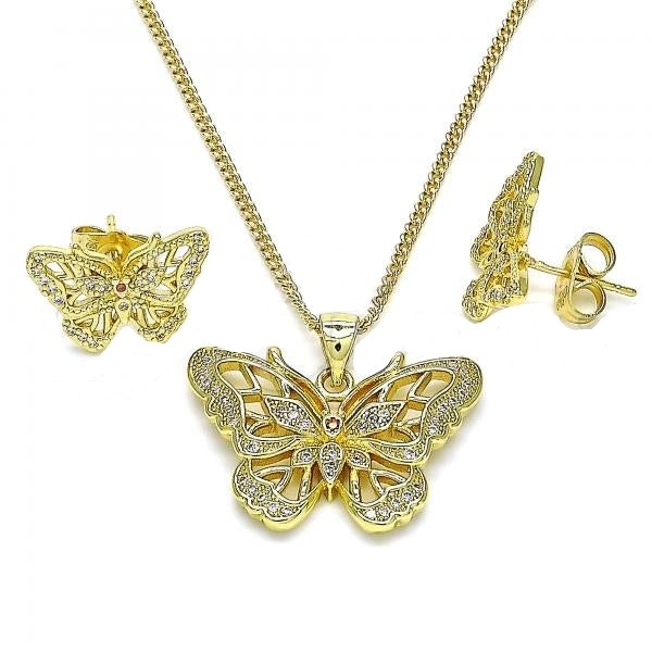 Gold Filled Earring and Pendant Set Butterfly Design With White Micro Pave and Garnet Cubic Zirconia Polished Finish Golden Tone