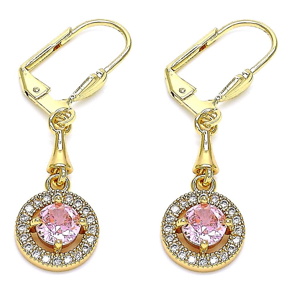 Gold Filled Long Earrings with White Cubic Zirconia and Pink Micro Pave Polished Golden Tone