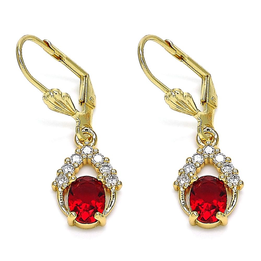 Gold Filled Long Earrings Teardrop Design with Garnet and White Cubic Zirconia Polished Golden Tone