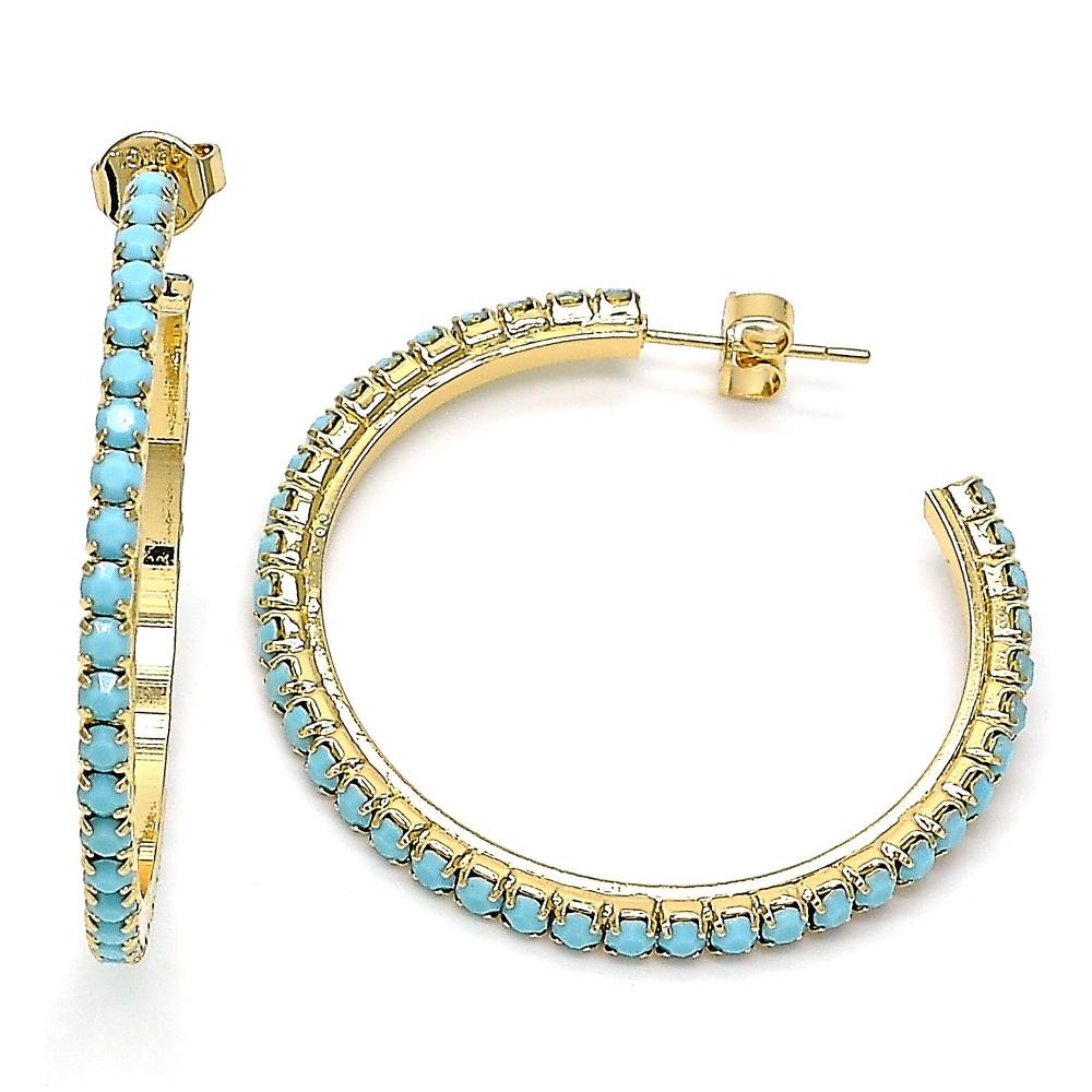 Gold Filled Stud Hoop Earrings 35mm with Turquoise Crystal Polished Golden Tone