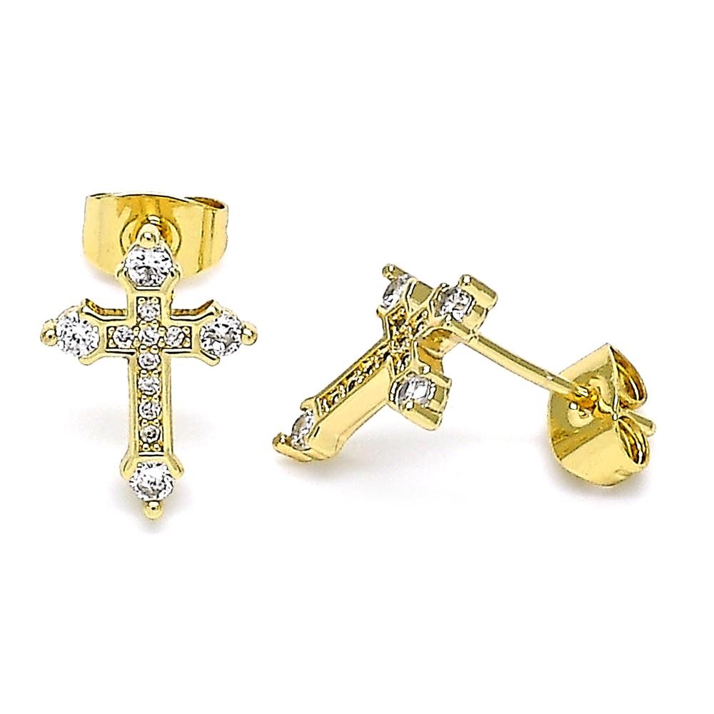 Gold Filled Stud Earring Cross Design With White Micro Pave Polished Finish Golden Tone