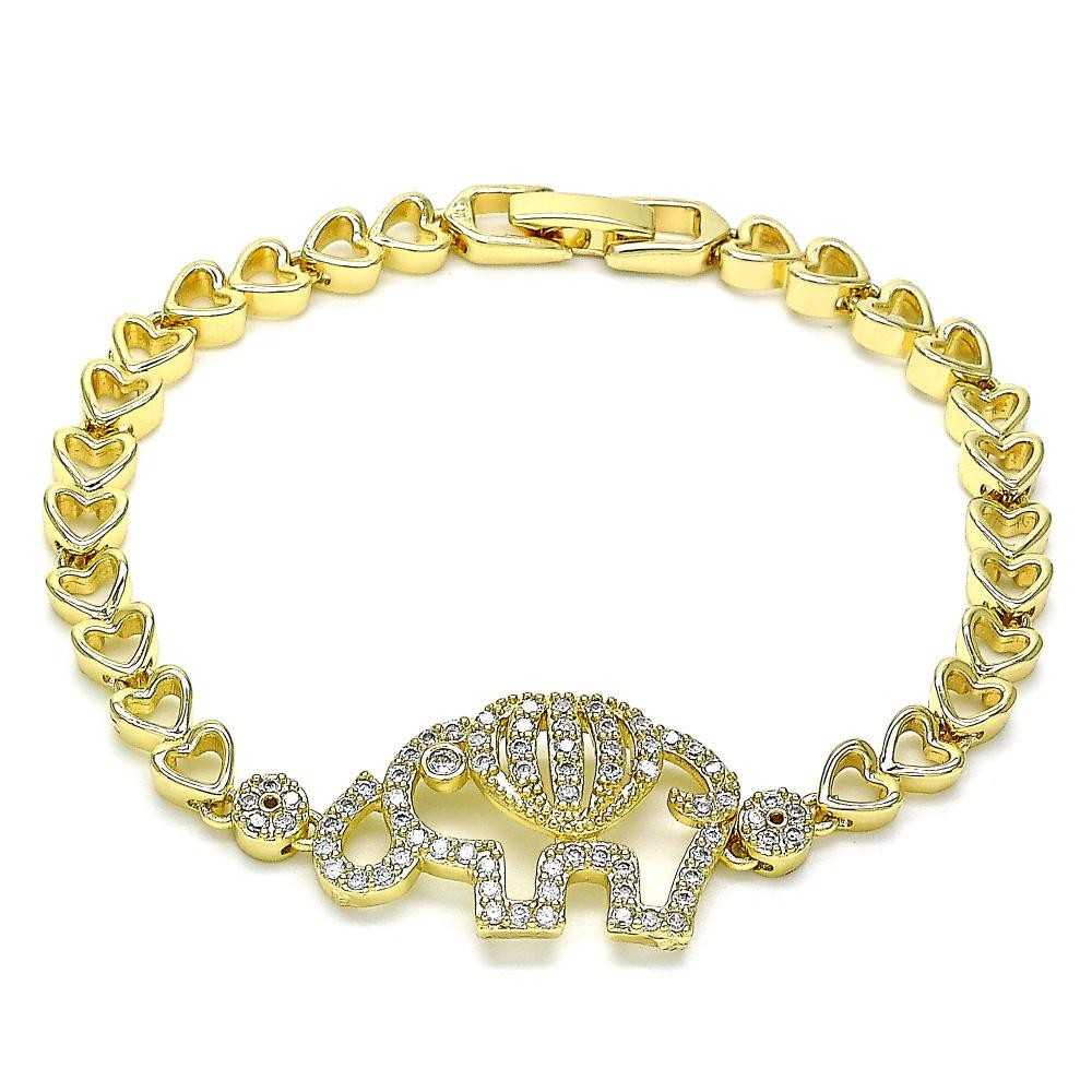Gold Filled Basic Bracelet Elephant and Heart Design With White Cubic Zirconia Polished Finish Golden Tone