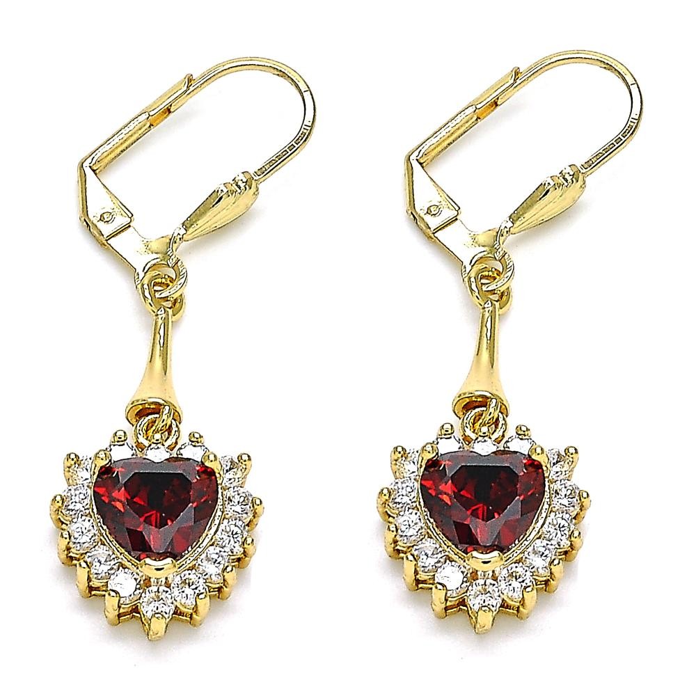 Gold Filled Long Earrings Heart Design with Red and White Cubic Zirconia Polished Golden Tone