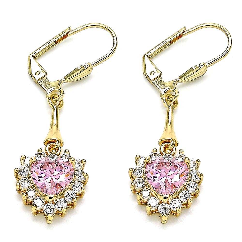 Gold Filled Long Earrings Heart Design with Pink and White Cubic Zirconia Polished Golden Tone