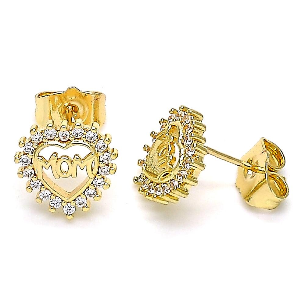 Gold Filled Stud Earring Mom and Heart Design With White Micro Pave Polished Finish Golden Tone