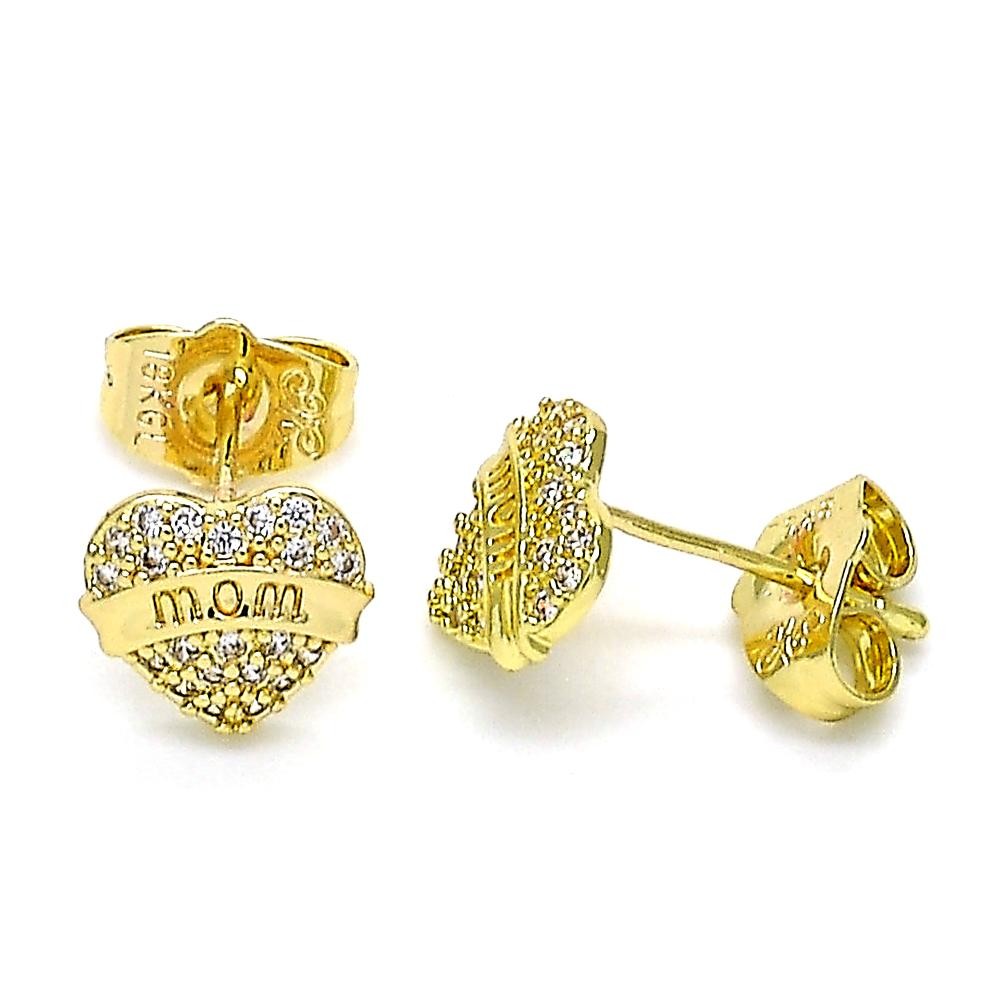 Gold Filled Stud Earring Mom and Heart Design With White Micro Pave Polished Finish Golden Tone
