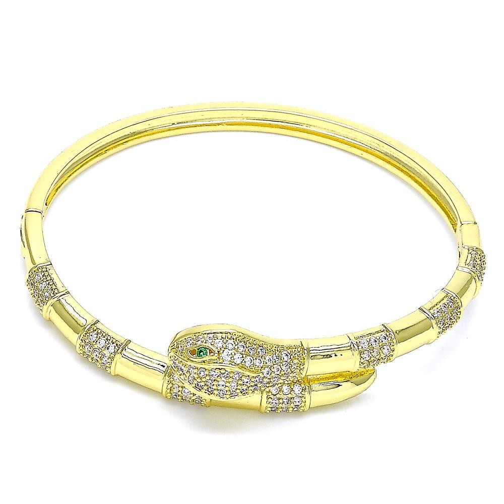 Gold Filled Individual Bangle Snake Design With White and Green Micro Pave Polished Finish Golden Tone