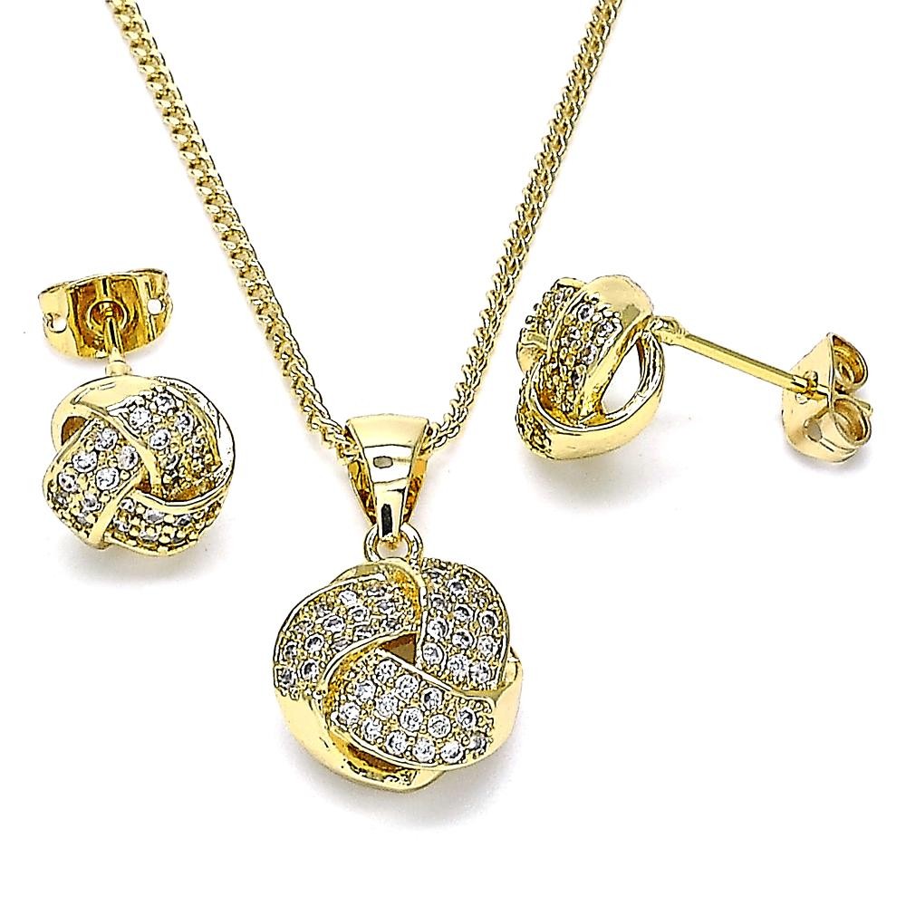 Gold Filled Earring and Pendant Adult Set Love Knot Design With White Micro Pave Polished Finish Golden Tone