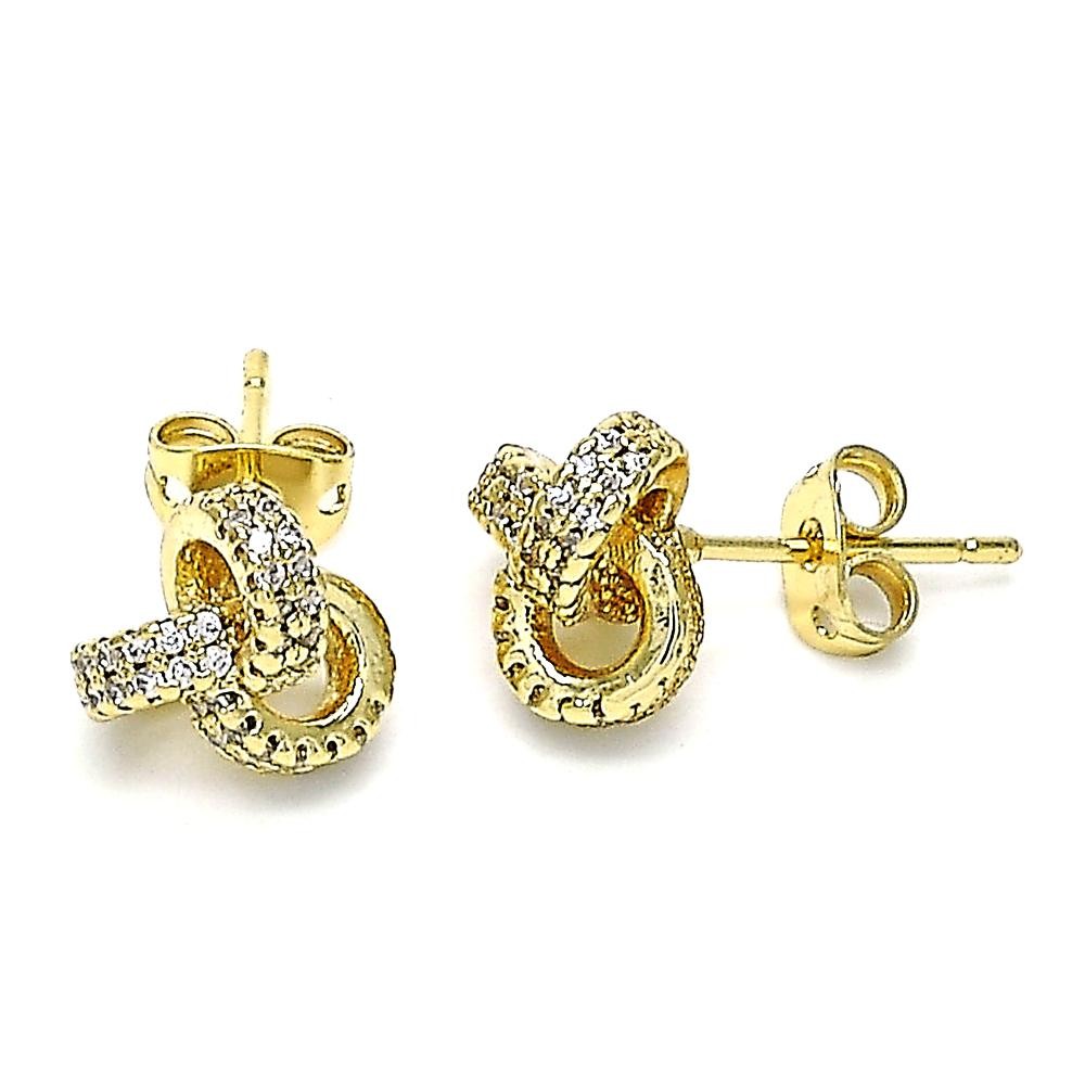 Gold Filled Stud Earring Love Knot Design with White Micro Pave Polished Golden Tone