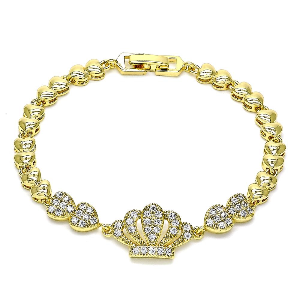 Gold Filled Fancy Bracelet Crown and Heart Design With White Micro Pav Polished Finish Golden Tone