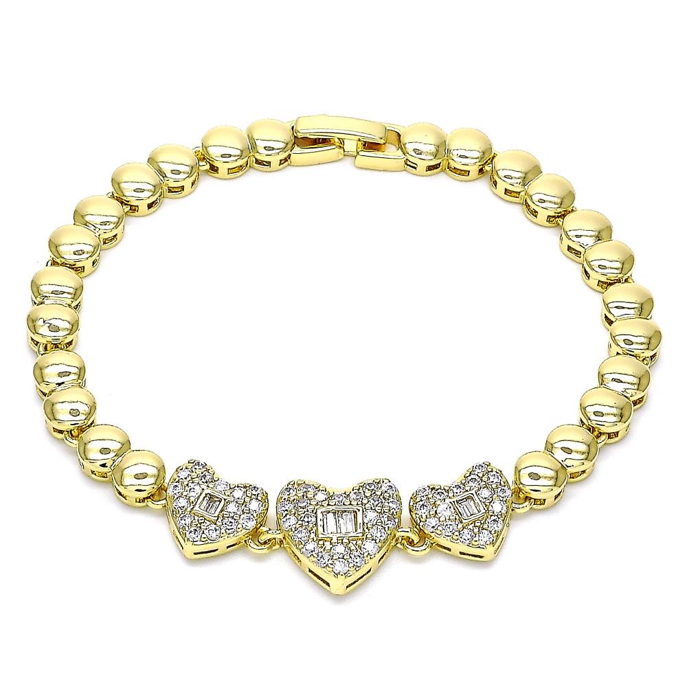 Gold Fancy Bracelet Heart Design With White Cubic Zirconia and White Micro Pave Polished Finish Golden Tone