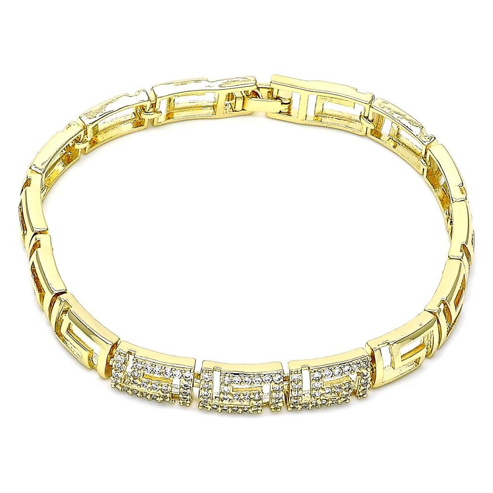 Gold Filled Fancy Bracelet Greek Key Design With White Micro Pave Polished Finish Golden Tone