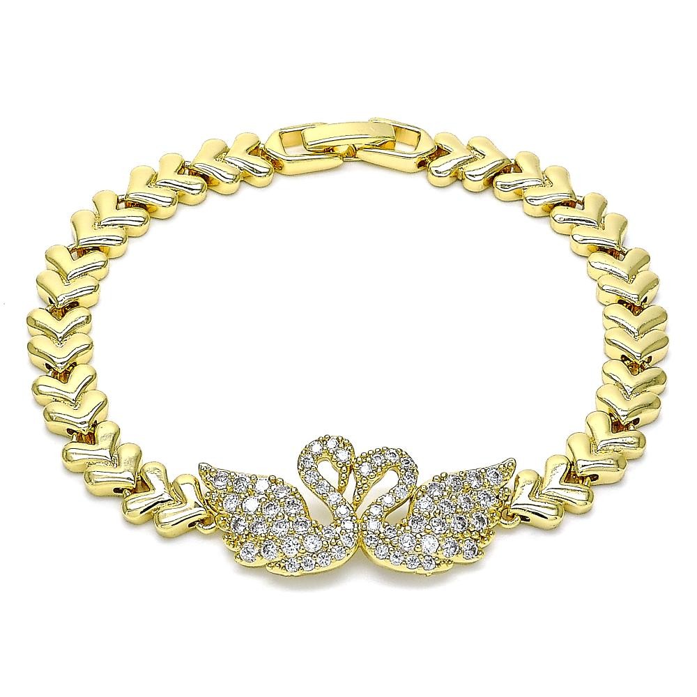 Gold Filled Fancy Bracelet Swan Design With White Cubic Zirconia and White Micro Pave Polished Finish Golden Tone