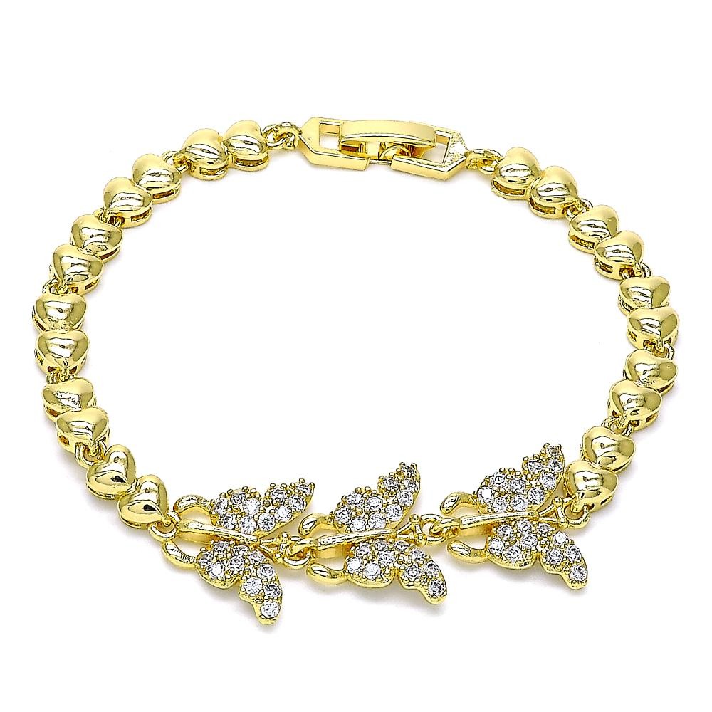 Gold Filled Fancy Bracelet Butterfly and Heart Design With White Micro Pave Polished Finish Golden Tone