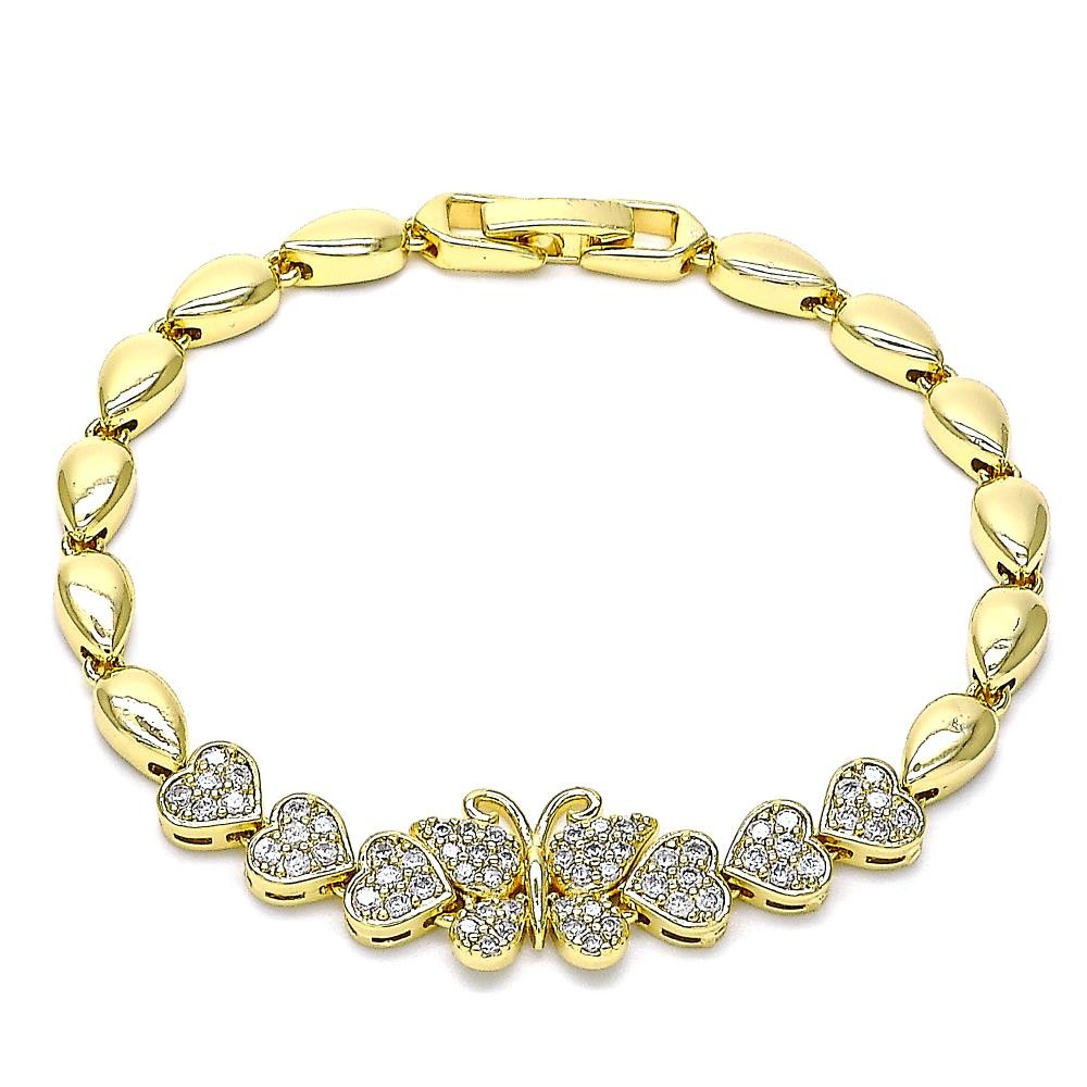 Gold Filled Fancy Bracelet Butterfly and Heart Design With White Micro Pave Polished Finish Golden Tone