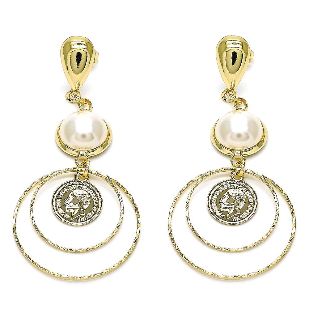 Gold Filled Long Earrings With Ivory Pearl Polished Finish Golden Tone