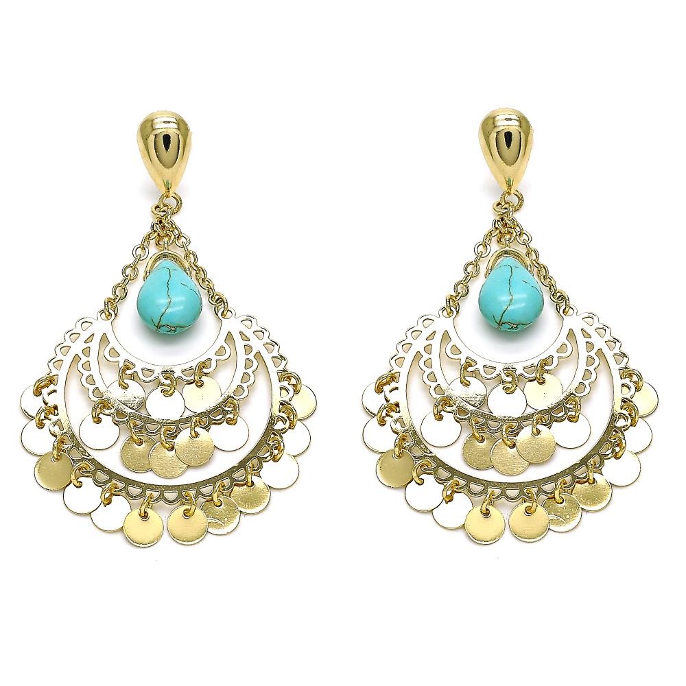 Gold Filled Long Earring Teardrop Design With Turquoise Opal Polished Finish Golden Tone