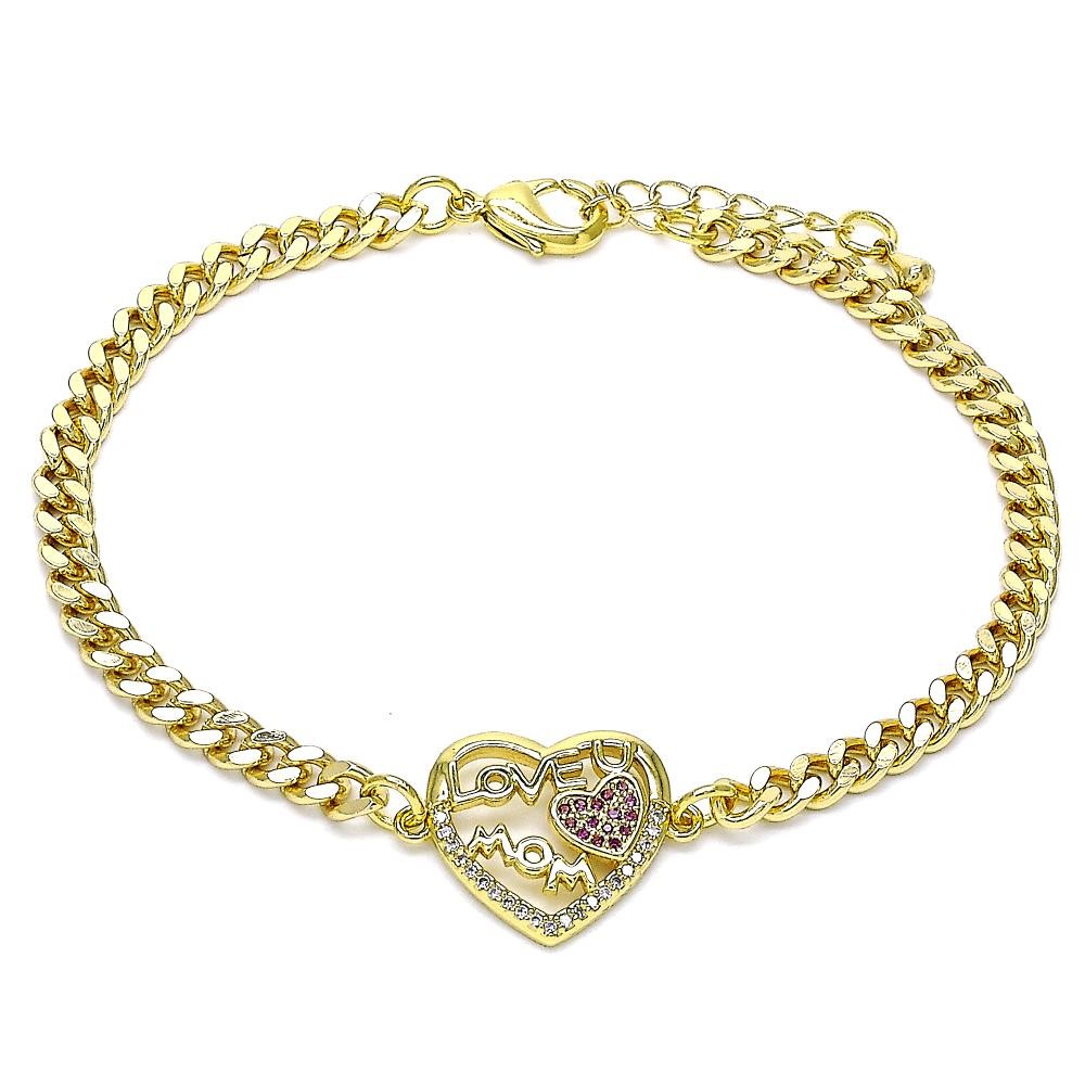 Gold Filled Adjustable Bolo Bracelet Mom and Love Design With White and Ruby Micro Pave Polished Finish Golden Tone