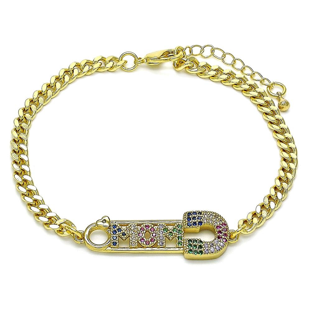 Gold Filled Adjustable Bolo Bracelet Mom and Paperclip Design With Multicolor Micro Pave Polished Finish Golden Tone