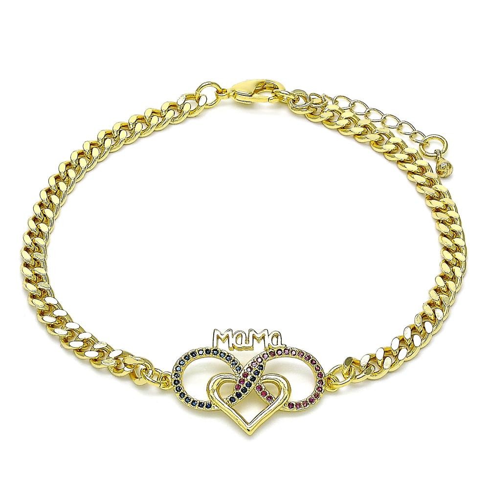 Gold Filled Bracelet Heart and Infinite Design With Ruby and Sapphire Blue Micro Pave Polished Finish Golden Tone