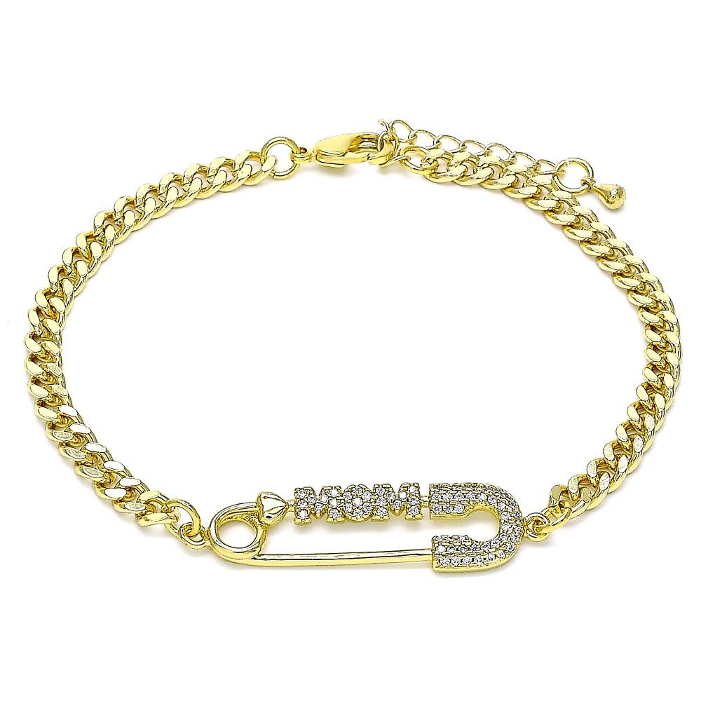 Gold Filled Adjustable Bolo Bracelet Mom and Paperclip Design With White Micro Pave Polished Finish Golden Tone