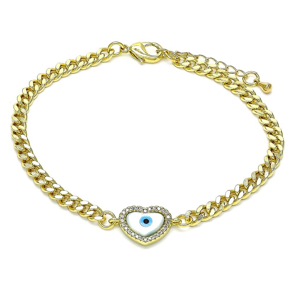Gold Filled Fancy Bracelet Greek Eye and Heart Design With White Micro Pave and White Mother of Pearl Polished Finish Golden Tone
