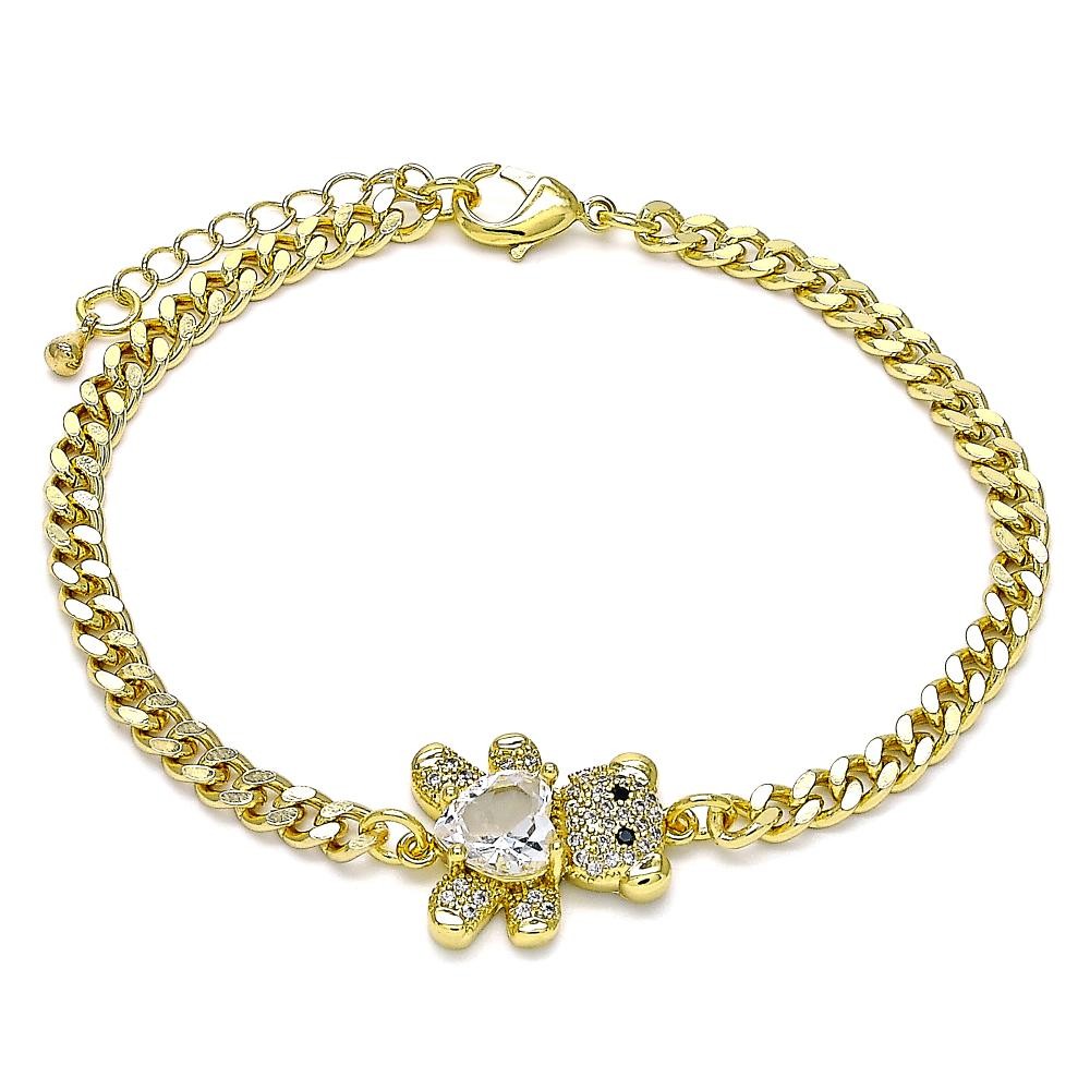Gold Filled Fancy Bracelet Teddy Bear and Heart Design With White Cubic Zirconia and White Micro Pave Polished Finish Golden Tone