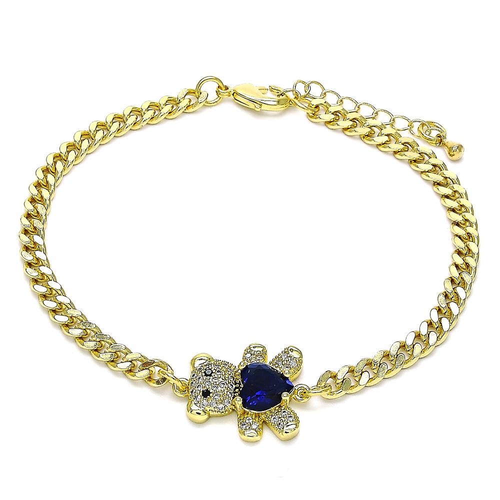 Gold Filled Fancy Bracelet Teddy Bear and Heart Design With Blue Cubic Zirconia and White Micro Pave Polished Finish Golden Tone