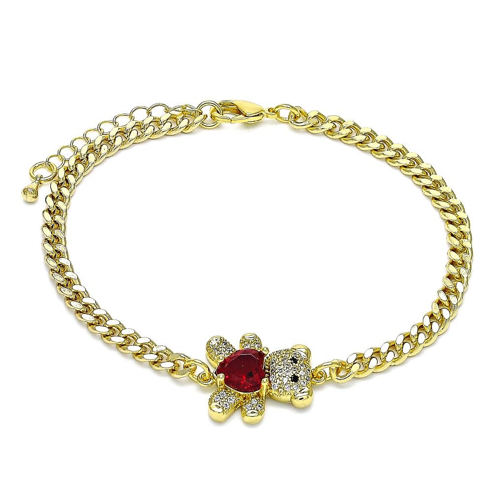 Gold Filled Fancy Bracelet Teddy Bear and Heart Design With Red Cubic Zirconia and White Micro Pave Polished Finish Golden Tone