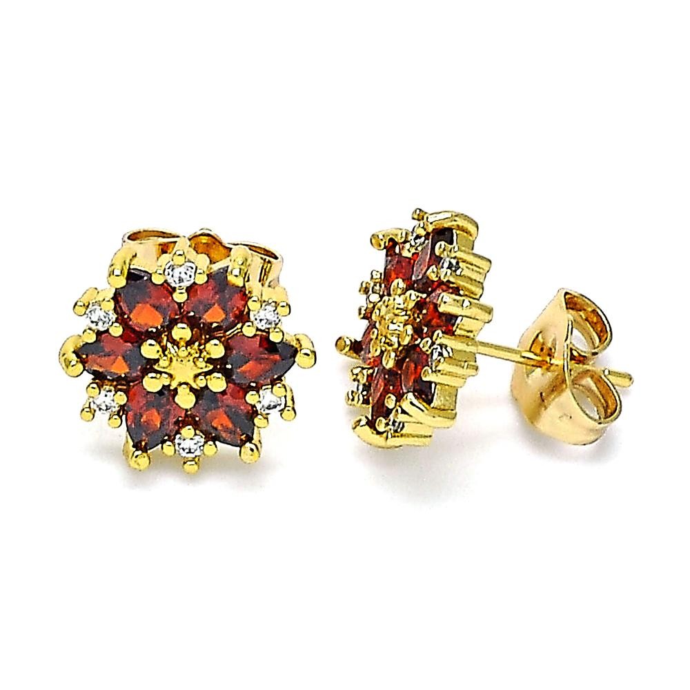 Gold Filled Stud Earring Flower Design With Garnet and White Cubic Zirconia Polished Finish Golden Tone
