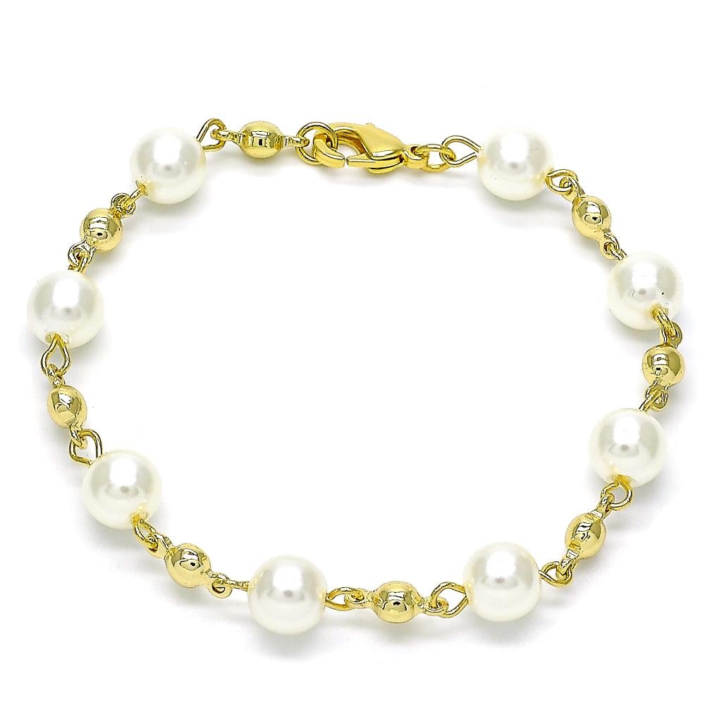 Gold Filled Fancy Bracelet Ball Design with Ivory Pearl Polished Golden Tone
