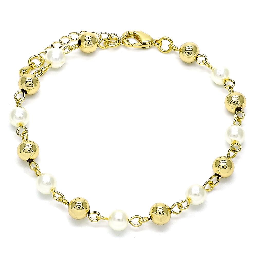 Gold Filled Fancy Bracelet Ball Design with Ivory Pearl Polished Golden Tone