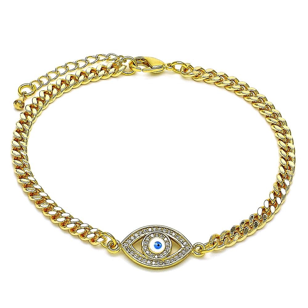 Gold Filled Fancy Bracelet Greek Eye Design With White Micro Pave White Enamel Finish Golden Tone