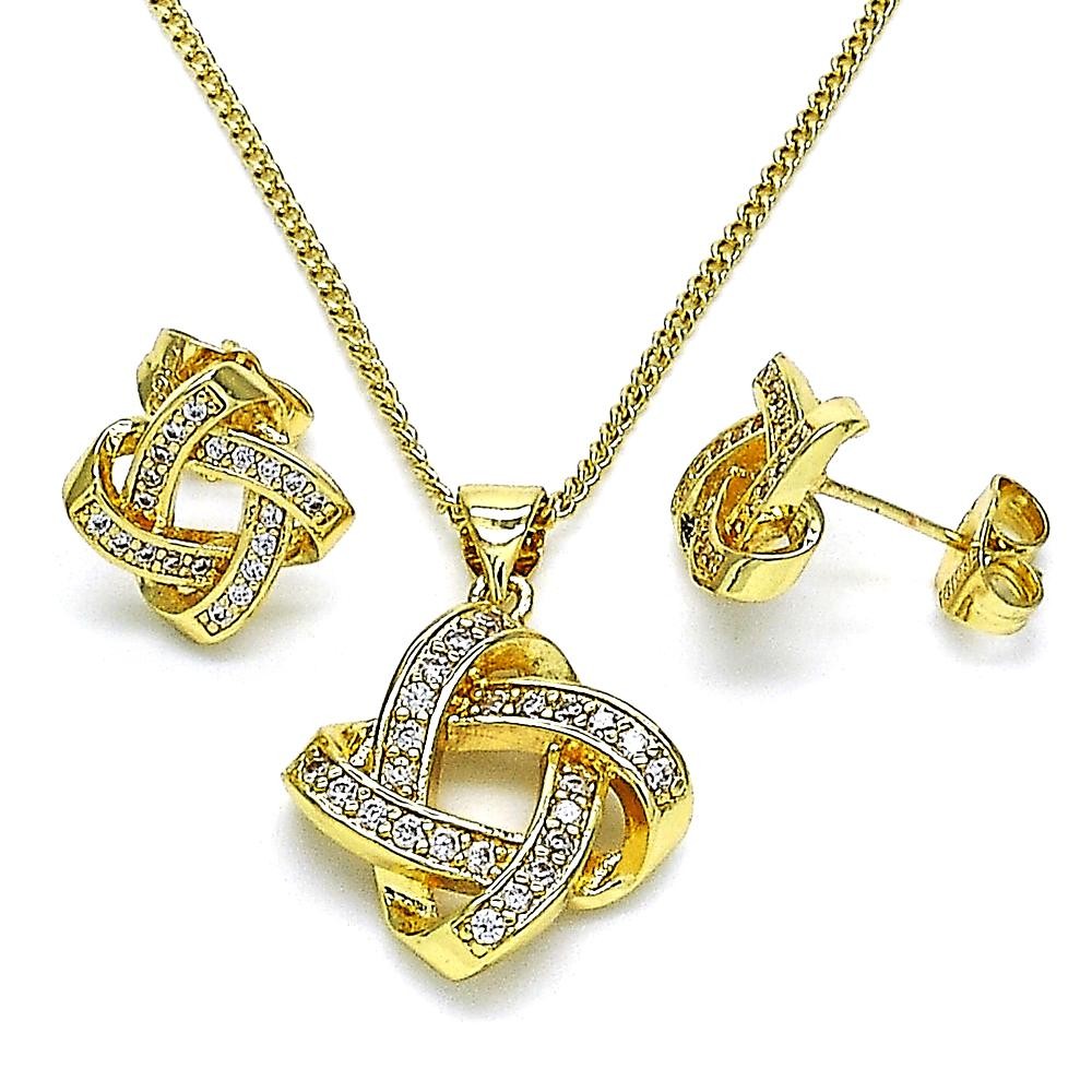 Gold Filled Earring and Pendant Set Love Knot Design With White Crystal Polished Finish Golden Tone