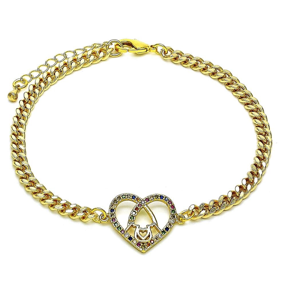 Gold Filled Fancy Bracelet Mom and Heart Design With Multicolor Micro Pave Polished Finish Golden Tone